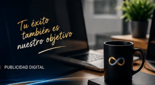 Taza con el logo de Eternum junto a una notebook: «Tu éxito también es nuestro objetivo»